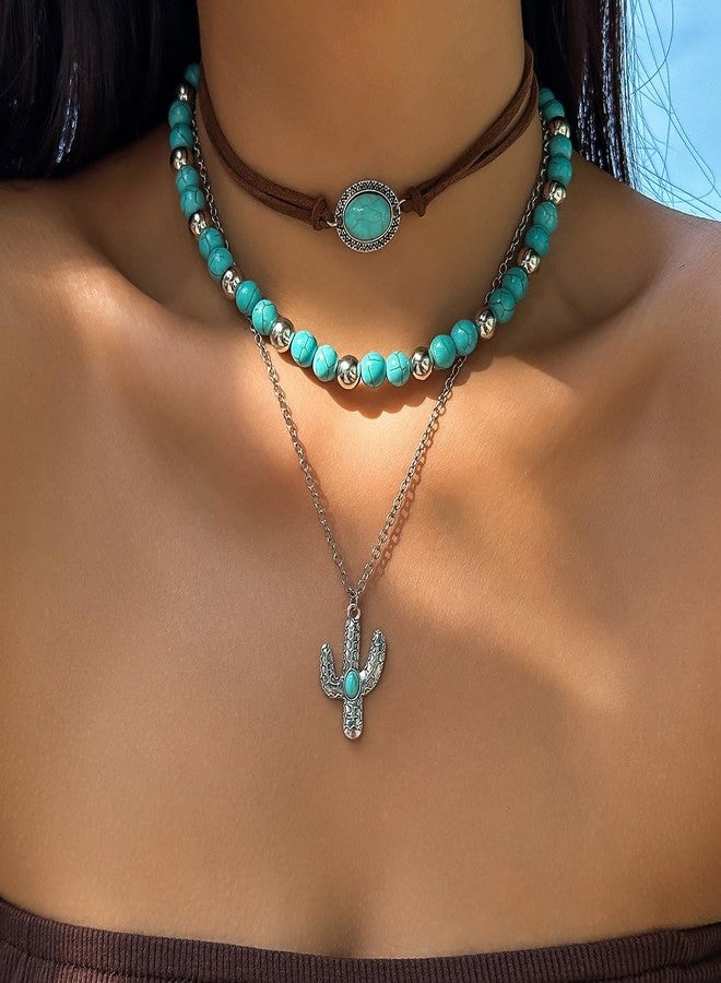 MarveBard Vintage Layered Western Necklace for Women Bohemian Turquoise Beads Western Jewelry Irregular Elliptical Bull Head Cross Boots Cactus Pendant Necklaces Country Concert Outfits Jewelry Accessories (Turquoise Cactus Necklace) - Image 4